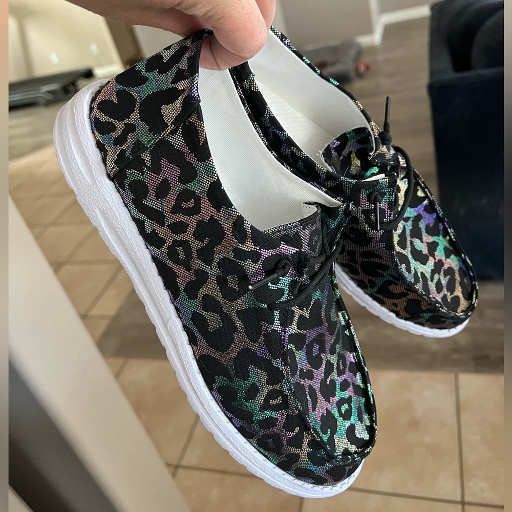 Metallic rainbow leopard print boat shoes